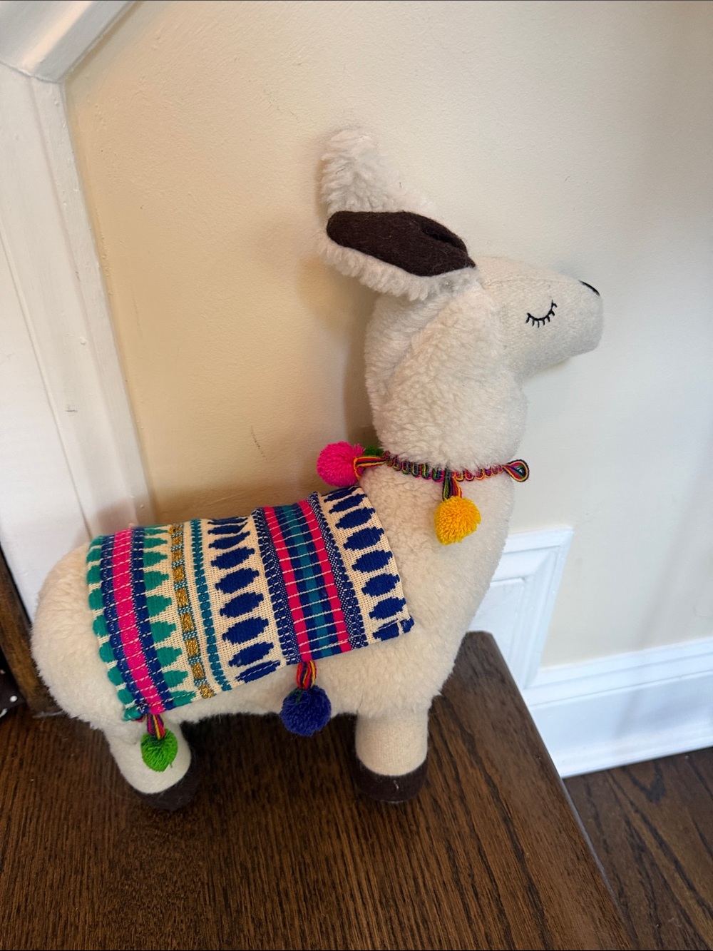 Plush Decorative Llama with Colorful Saddle - White